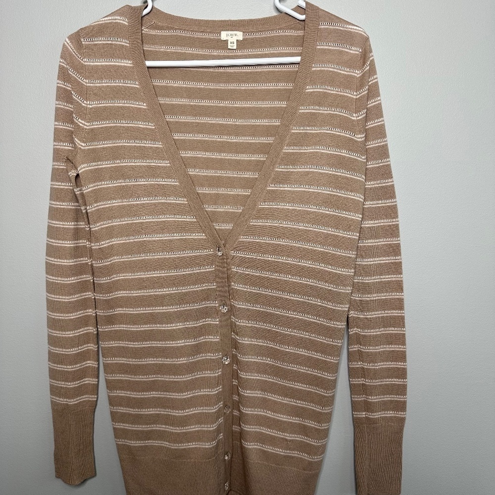 J Crew Merino Wool Blend Button Down Brown Striped Cardigan Lightweight Size XS